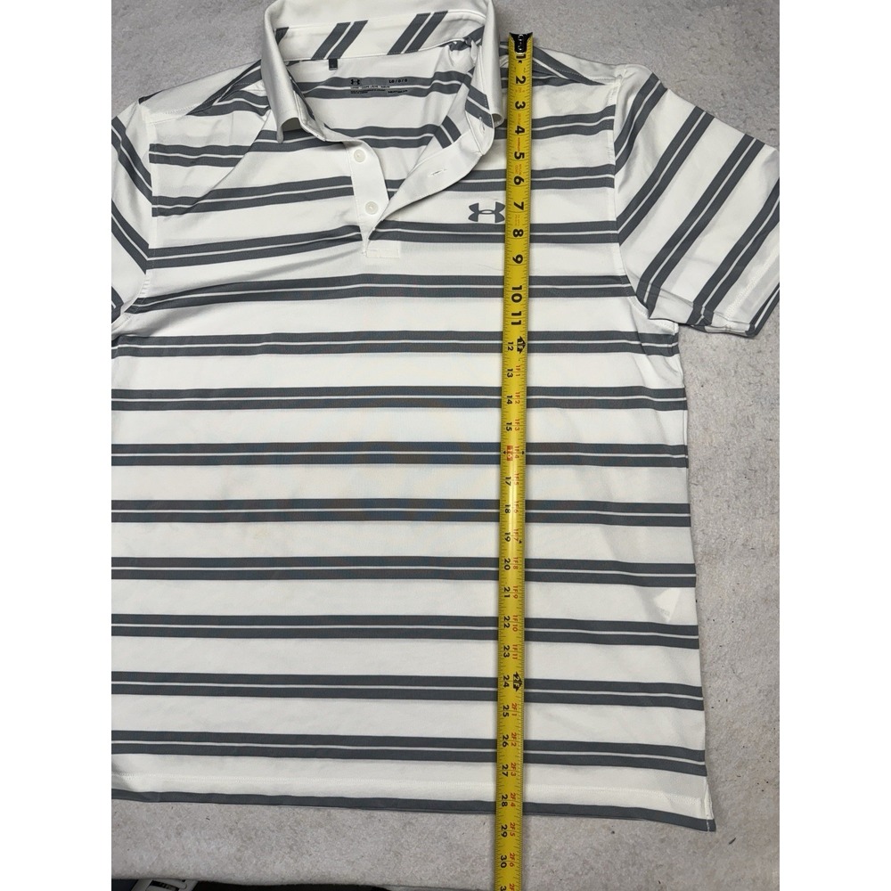 Under Armour Men's Large White Gray Striped‎ Loose Heatgear Golf Polo - Picture 4 of 5
